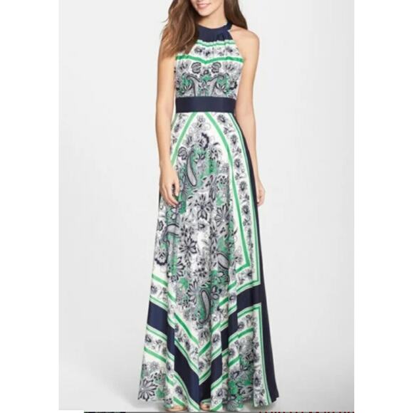 Eliza J Green & Navy Blue Scarf Print Maxi Dress Women 4 - Picture 1 of 9